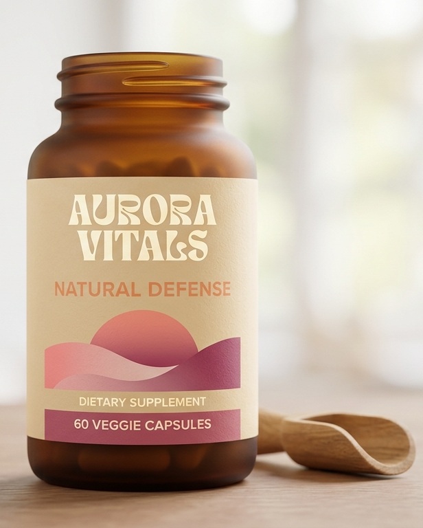 AURORA VITALS pouch and capsules on a warm neutral backdrop